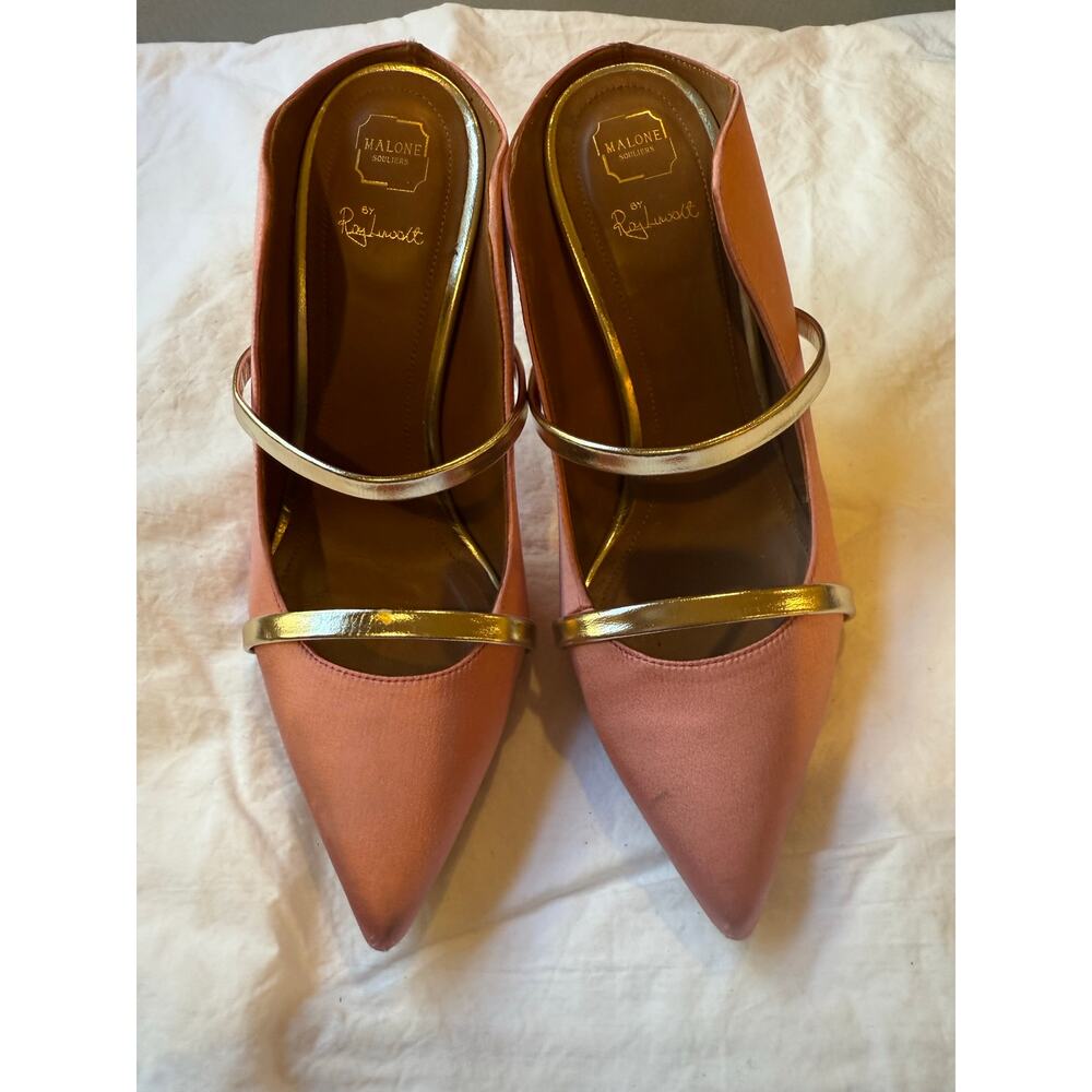 Malone Souliers by Roy Luwolt Pink Satin Gold Strap Pointed Toe Heels 37.5 EU